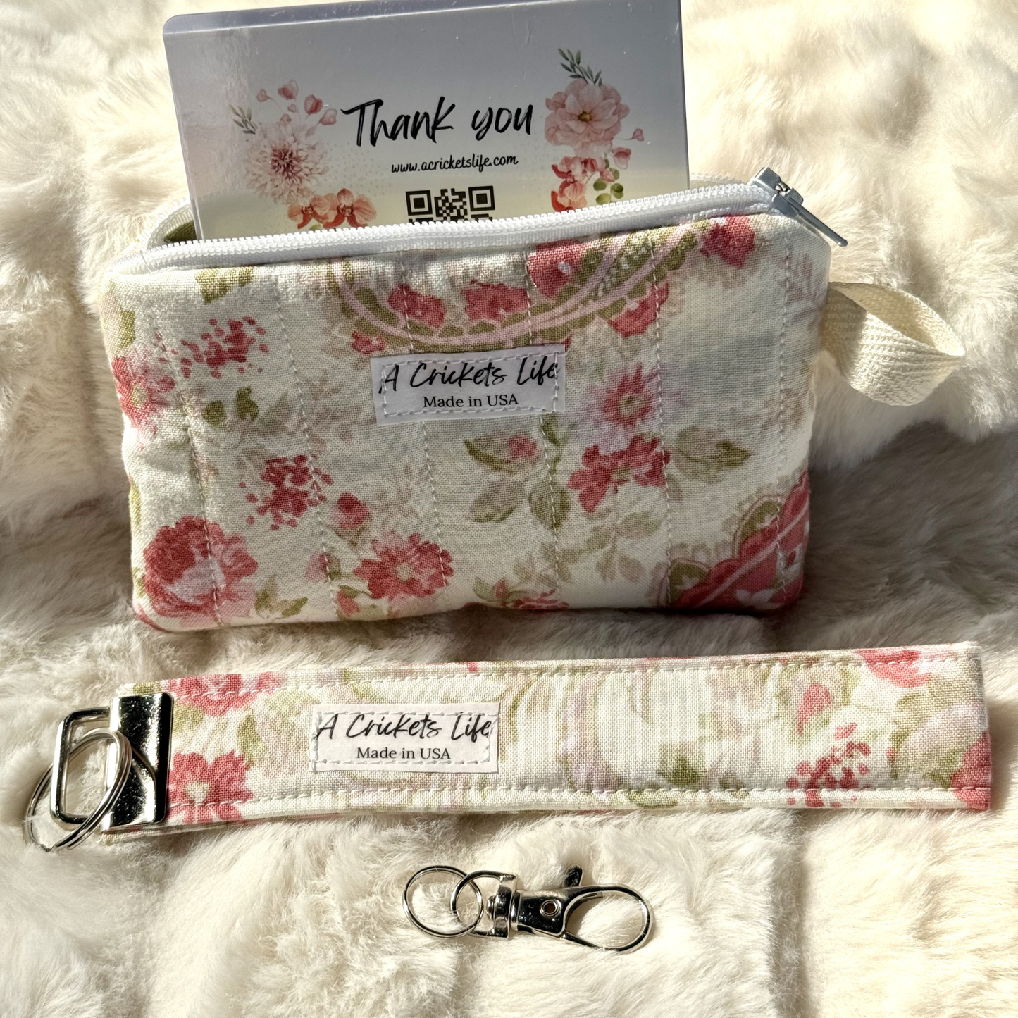 Handmade Vintage Rose Wallet & wristlet set in Rose and green flowers fabric