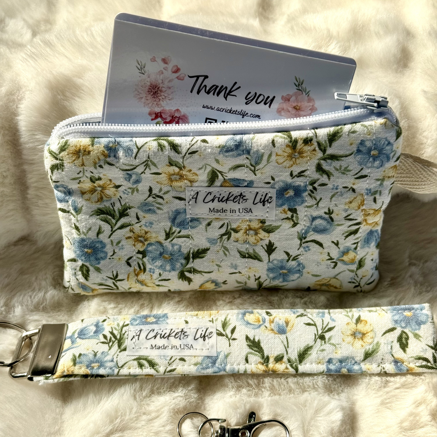 Handmade Blue Flowers wallet & wristlet set in Blue and yellow flowers fabric