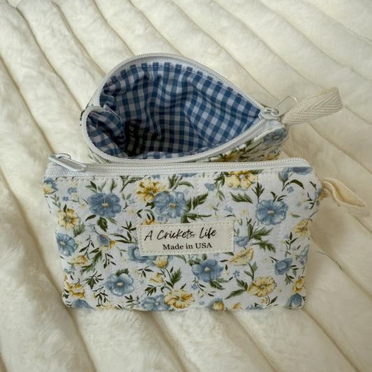 Handmade Quilted Blue Floral and Blue Check Keychain Wallet, Zipper Coin Purse