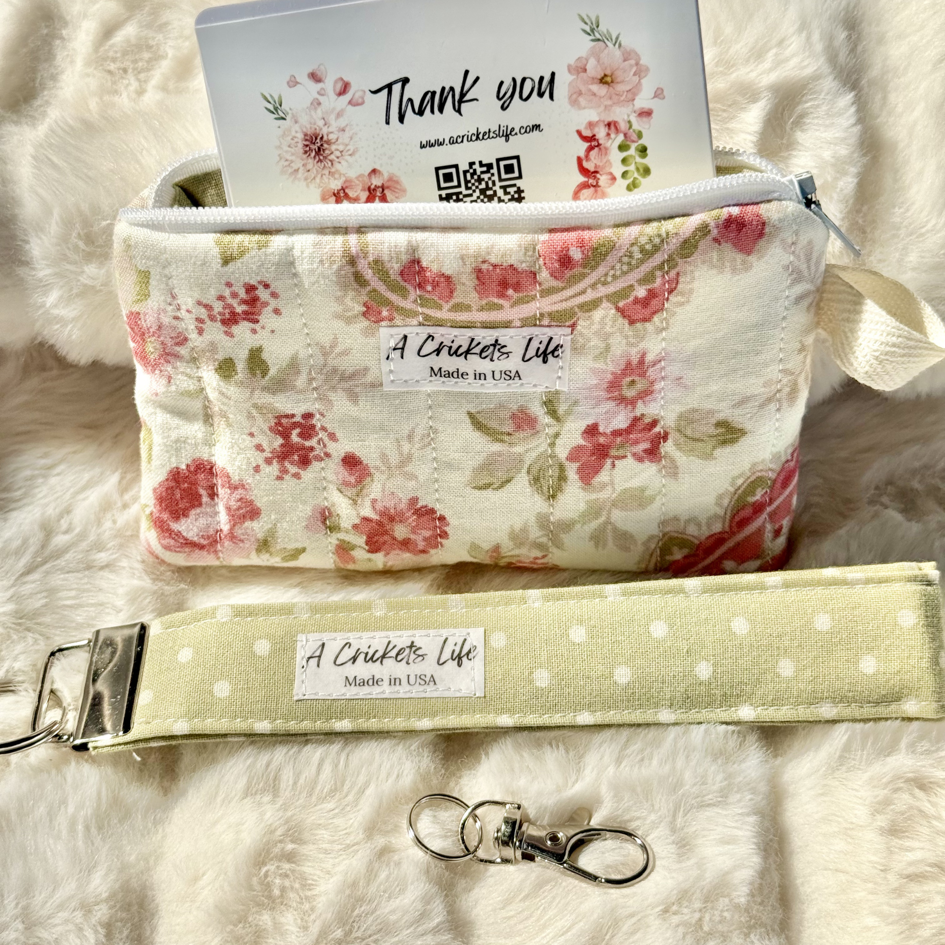 Handmade Vintage Rose Sweet Pea Dot Wallet & wristlet Set in Rose, Green flowers and Dots Fabric