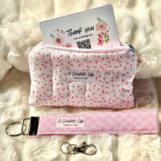 Handmade Sweetheart and Lattice Wallet & wristlet set in Pink Hearts and lattice fabric