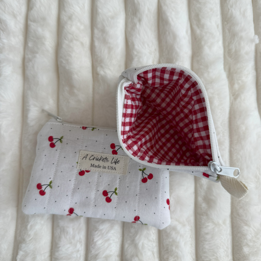 Handmade Quilted Red Cherries and Red Check Keychain Wallet, Zipper Coin Purse