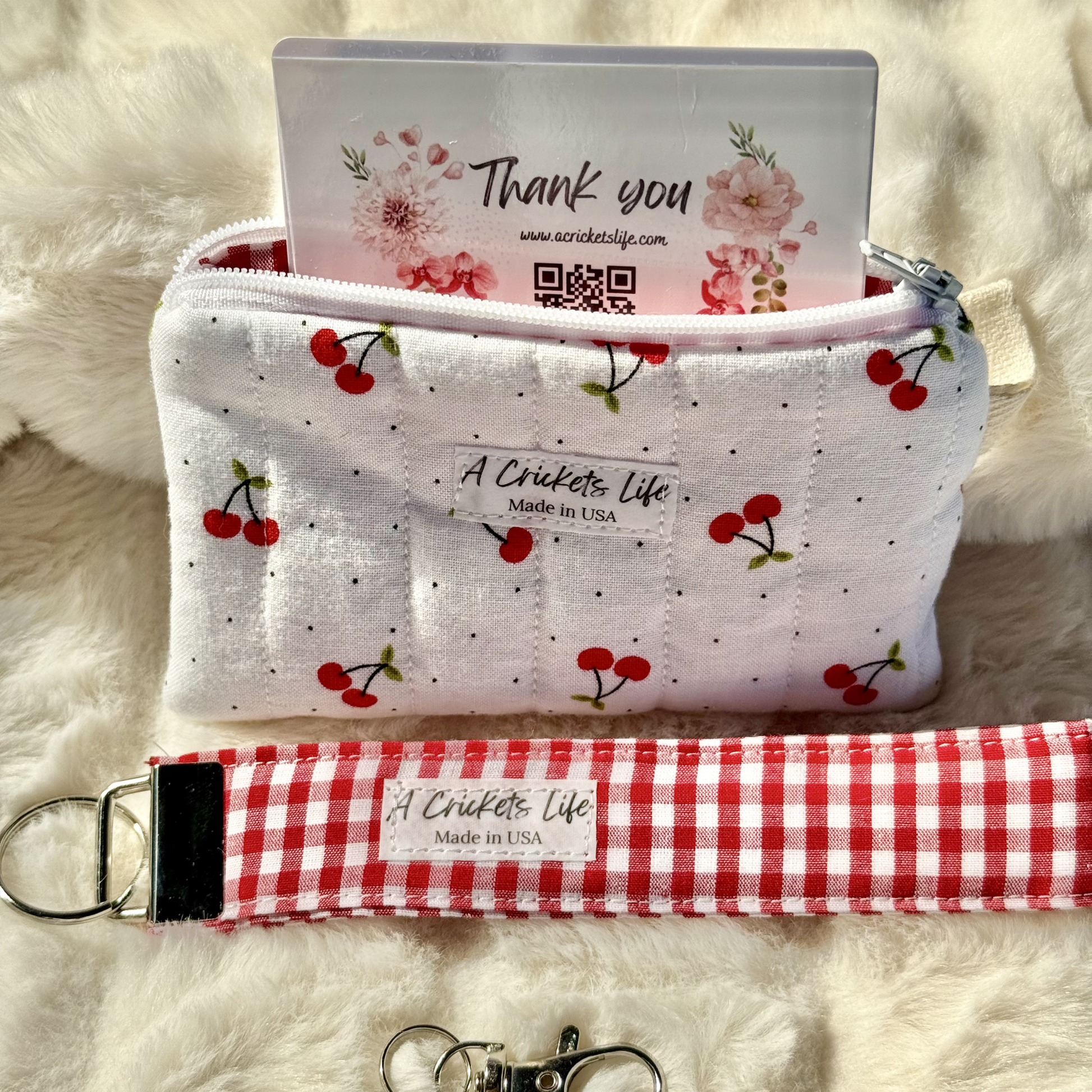 Handmade Cherry Picnic Check Wallet & Wristlet Set in red cherry and check fabric