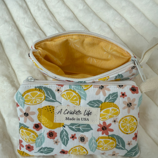 Handmade Quilted Lemon Yellow and Yellow (inside) Keychain Wallet, Zipper Coin Purse