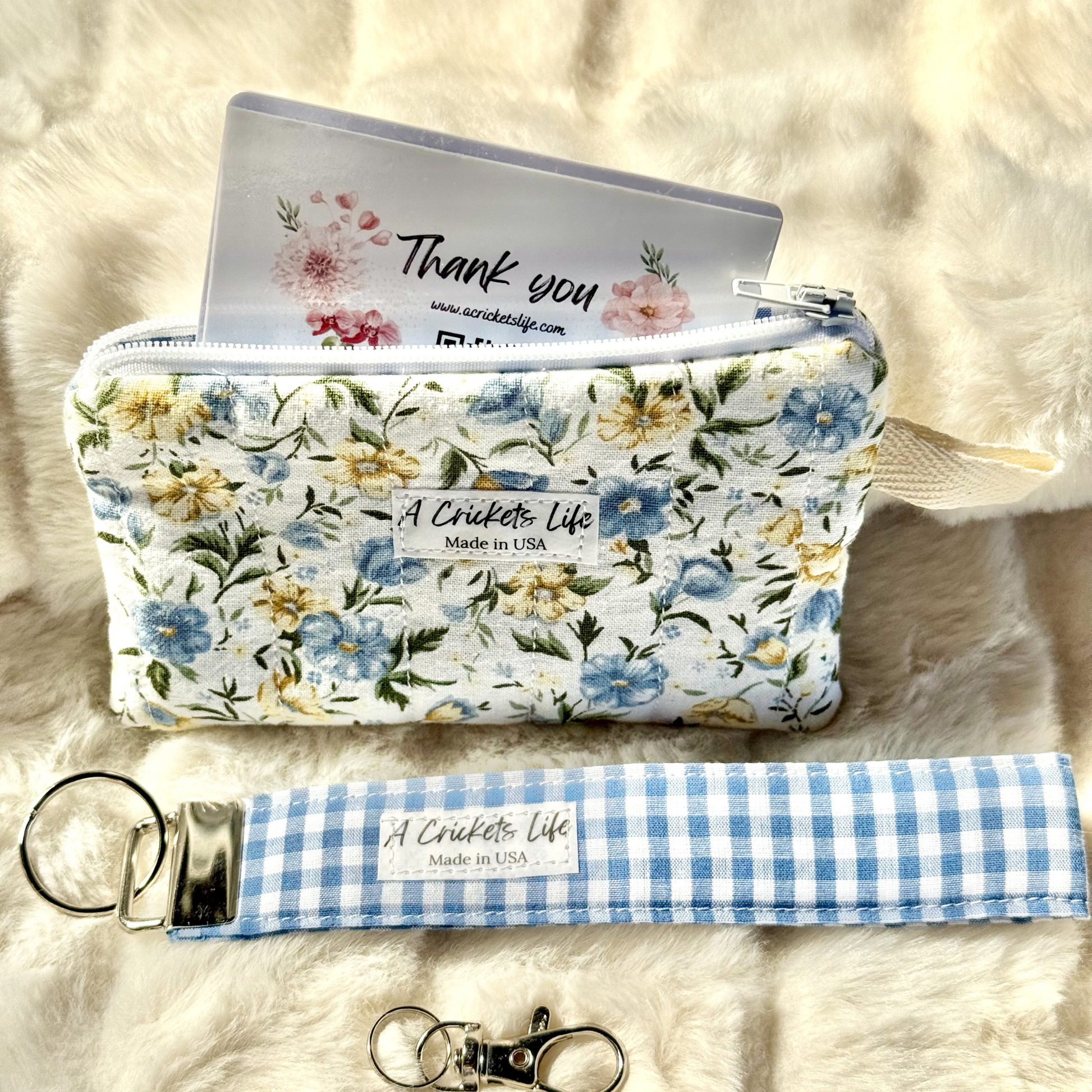 Handmade Blue Wildflowes Check wallet & wristlet set in Blue Flowers and checks fabric