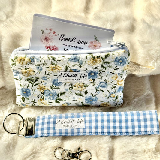 Handmade Blue Wildflowes Check wallet & wristlet set in Blue Flowers and checks fabric