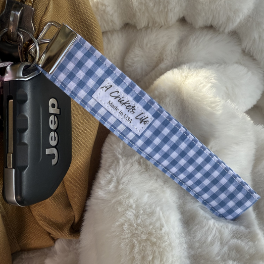 Handmade Blue Picnic Check Wristlet in Blue and white check fabric