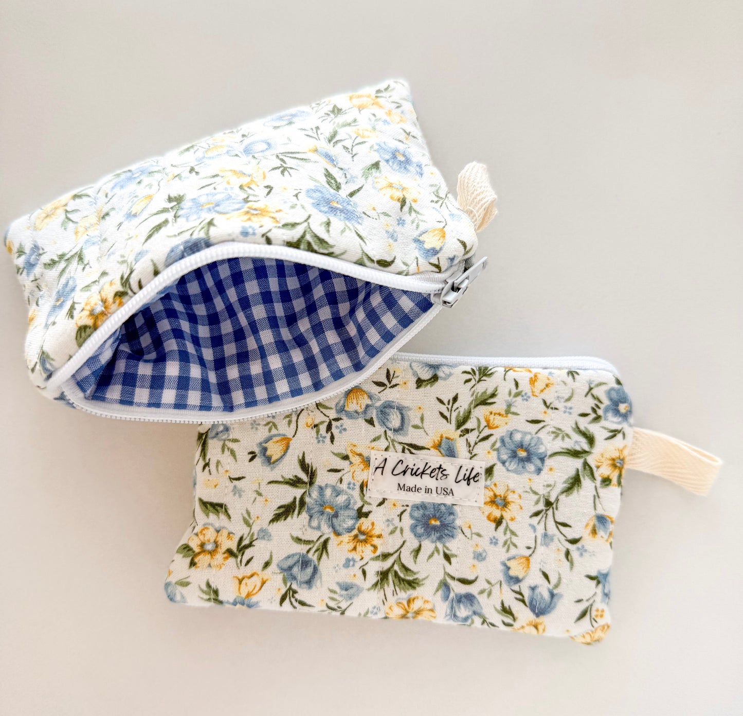 Handmade Blue Wildflower Check Wallet in Blue and yellow floral on outside and blue and white check on inside fabric