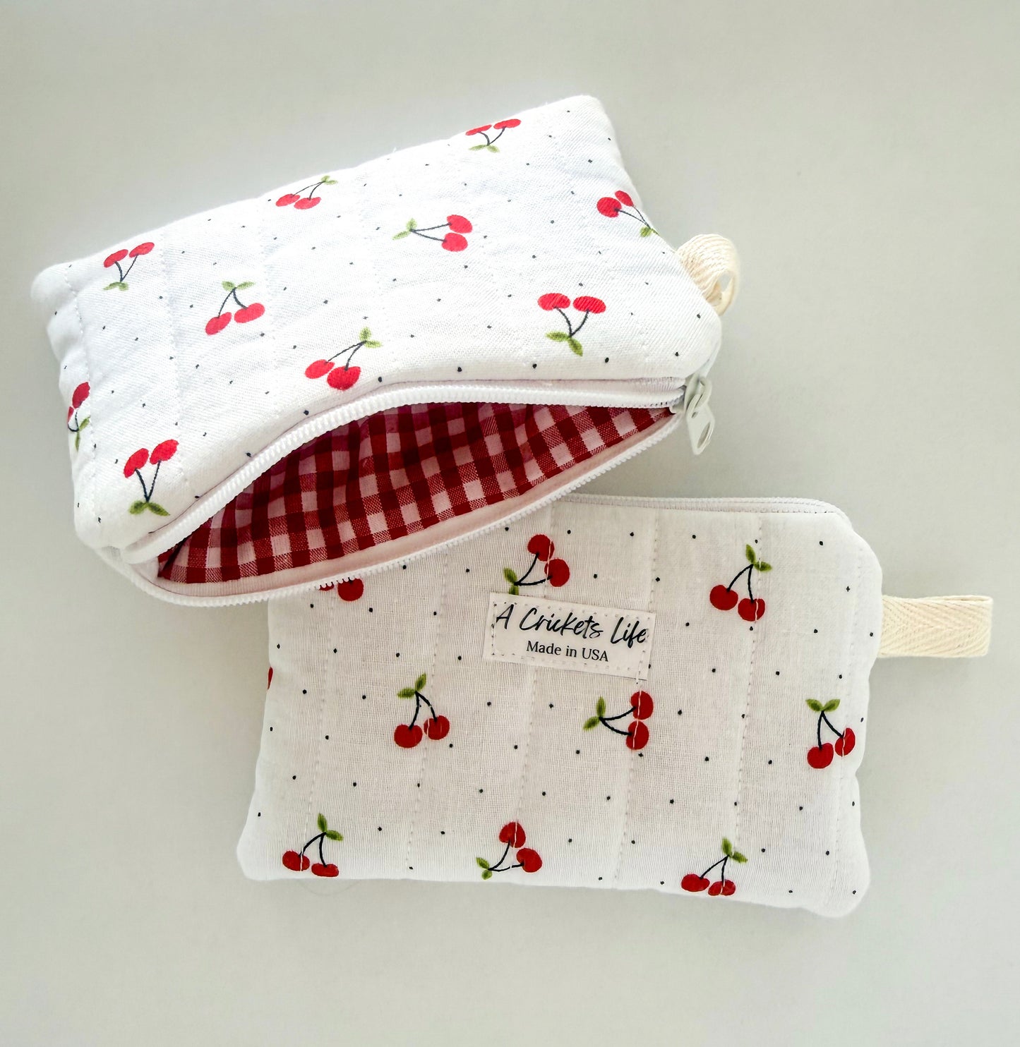 Handmade Cherry Picnic Wallet in red cherry on outsideand red check inside fabric