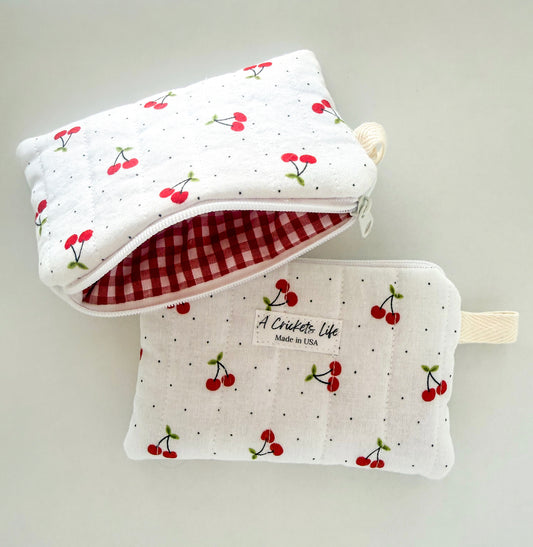Handmade Cherry Picnic Wallet in red cherry on outsideand red check inside fabric