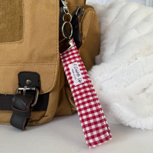 Handmade Cherry Picnic Check Wristlet in Red and white check fabric