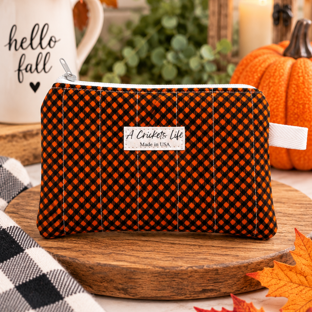 Handmade Orange Black Checkered Wristlet & Zipper Pouch Set, Quilted Cotton, Halloween Gift