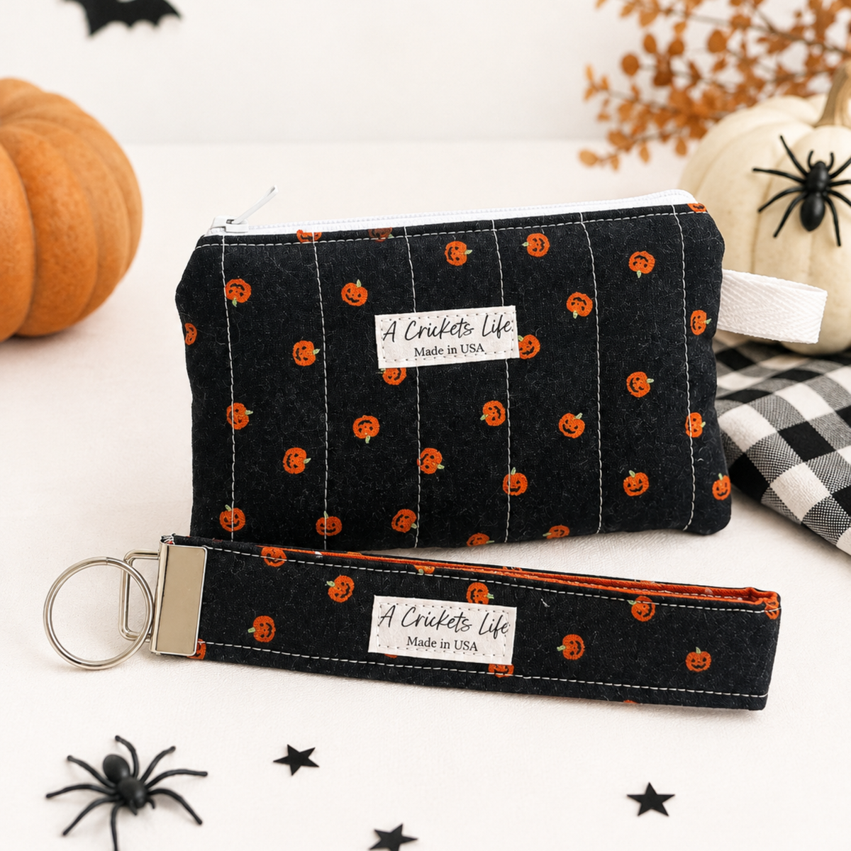 Handmade Pumpkin Wallet & Wristlet Set, Black Cotton Halloween Gift