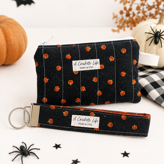 Handmade Pumpkin Wallet & Wristlet Set, Black Cotton Halloween Gift