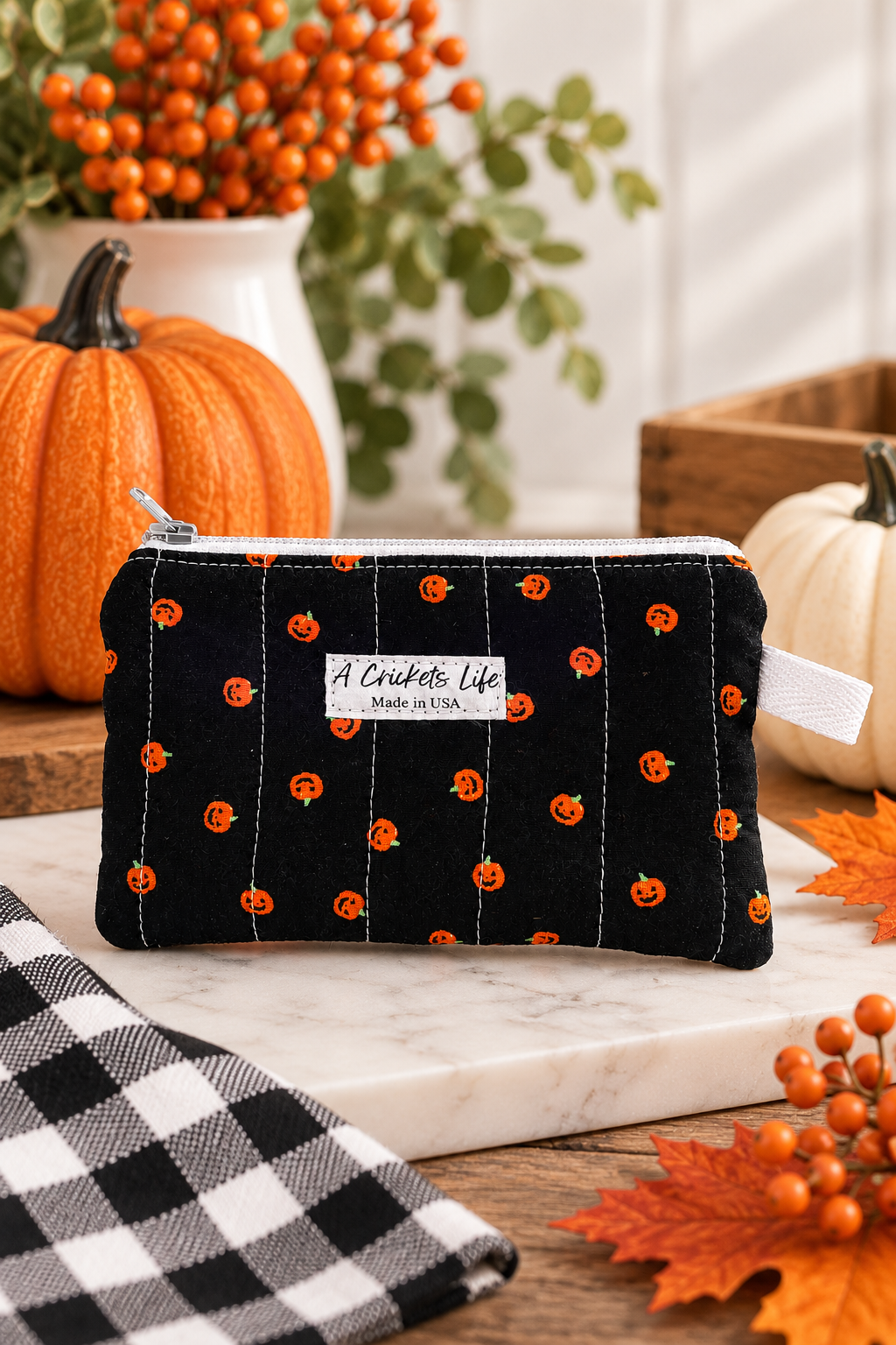 Handmade Pumpkin Wallet & Wristlet Set, Black Cotton Halloween Gift