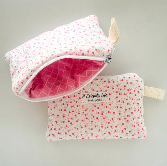 Handmade Sweetheart Charm wallet in Pink hearts outside and pink lattice on inside fabric