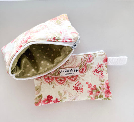 Handmade Vintage Rose Dot Wallet in Rose and Green floral outside and green polka dots inside fabric