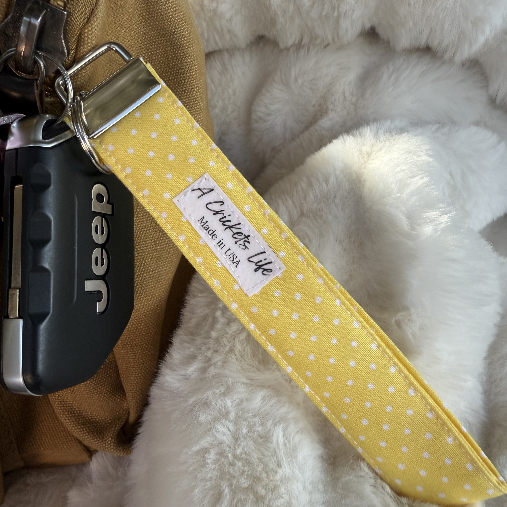 Handmade Sunshine Dot Wristlet in Yellow Polka dot fabric