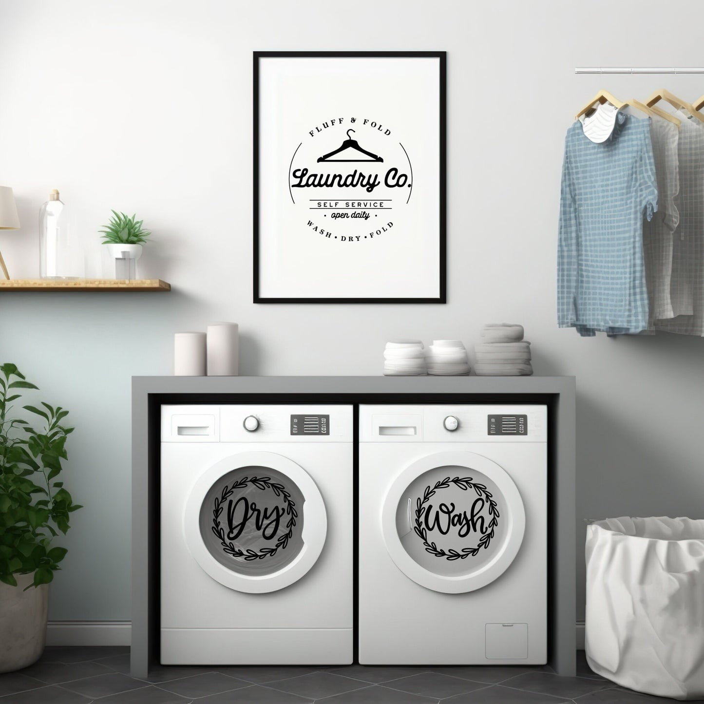 Wash and Dry Wreath Vinyl Decal Set: Farmhouse Laundry Room Decor