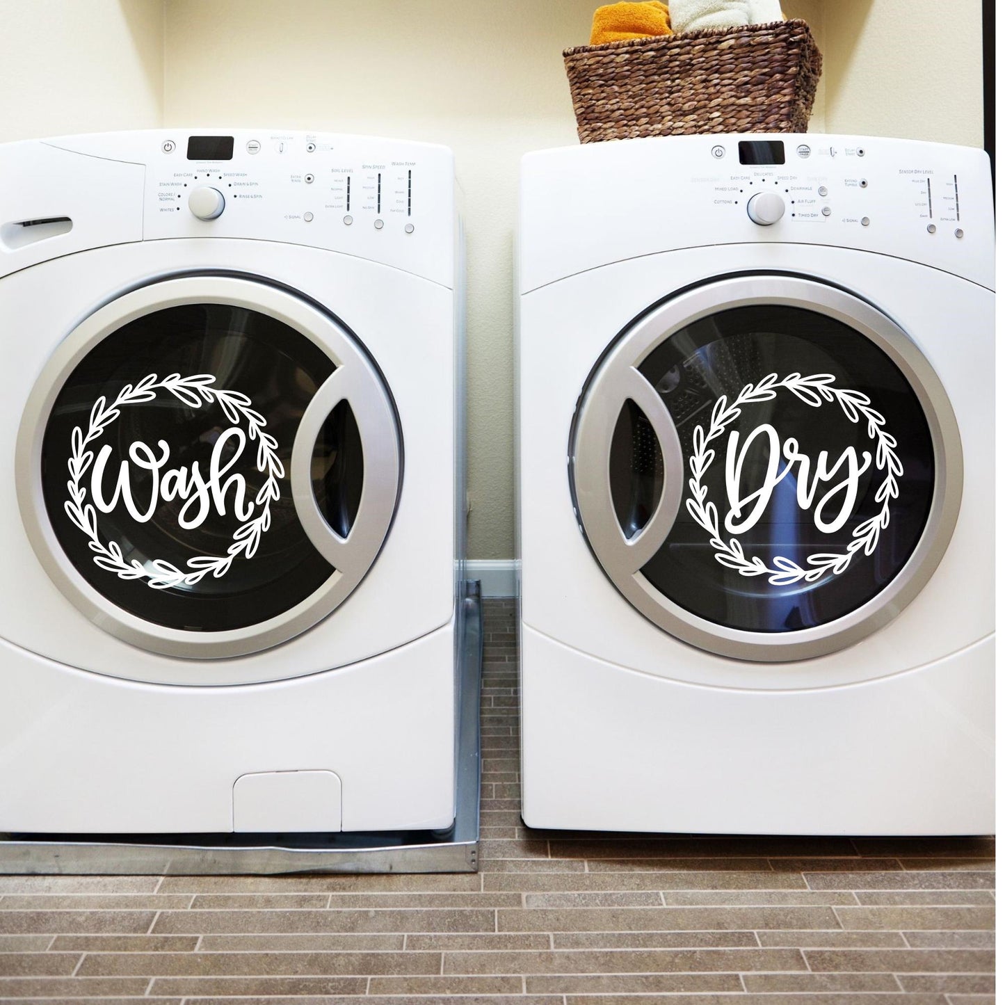 Wash and Dry Wreath Vinyl Decal Set: Farmhouse Laundry Room Decor