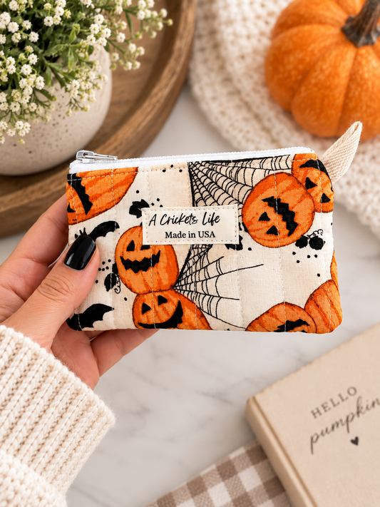Halloween Wallet Wristlet Set, Pumpkin and Cats Fabric, Keychain Wristlet, Gift for Her, Handmade