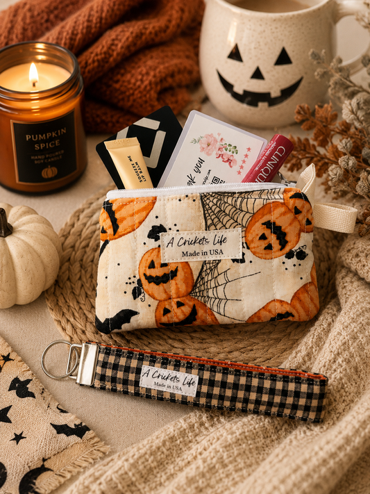 Halloween Wallet Wristlet Set, Pumpkin and Cats Fabric, Keychain Wristlet, Gift for Her, Handmade