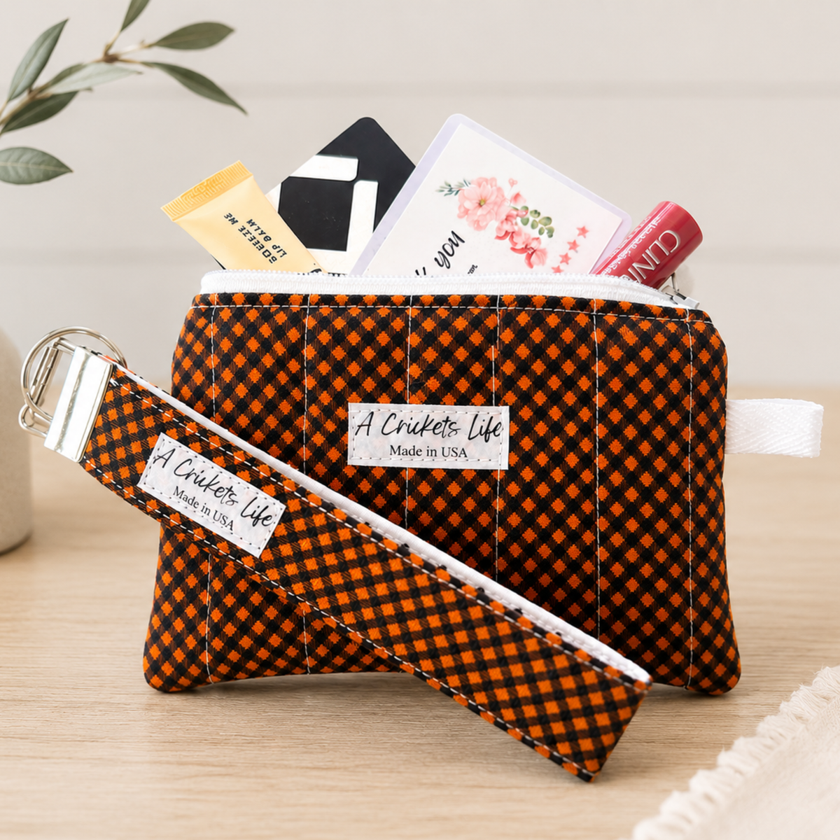 Handmade Orange Black Checkered Wristlet & Zipper Pouch Set, Quilted Cotton, Halloween Gift